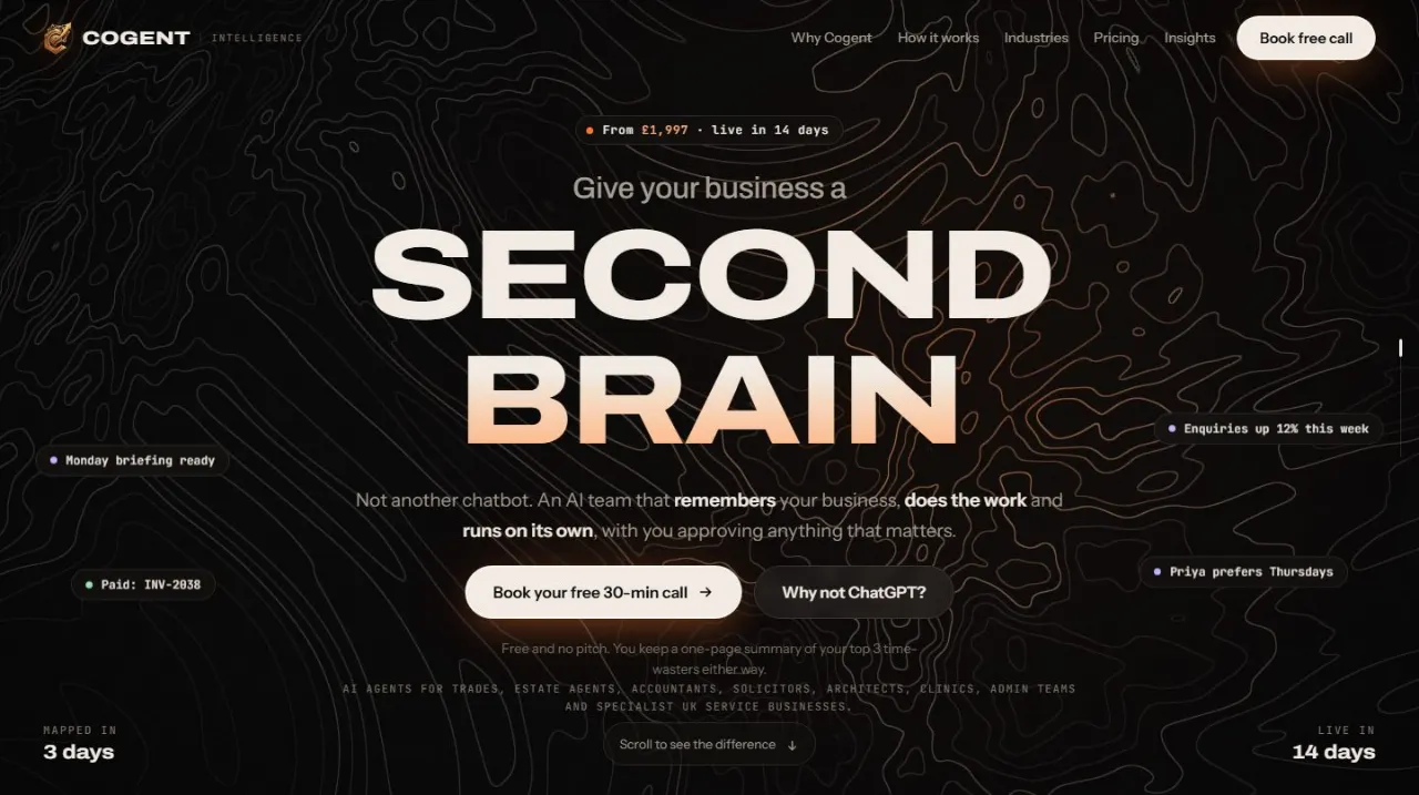 Cogent Intelligence website for AI agents for UK service businesses