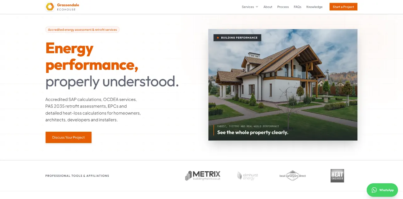 Grassendale Ecohouse website showing energy-performance services
