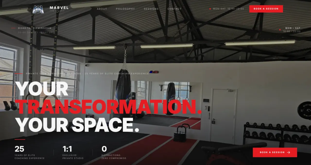 Marvel The Studio landing page for a Digbeth personal-training studio
