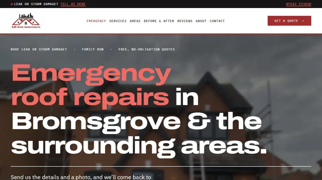 RJR Home Improvements emergency roofing website for Bromsgrove and the surrounding areas