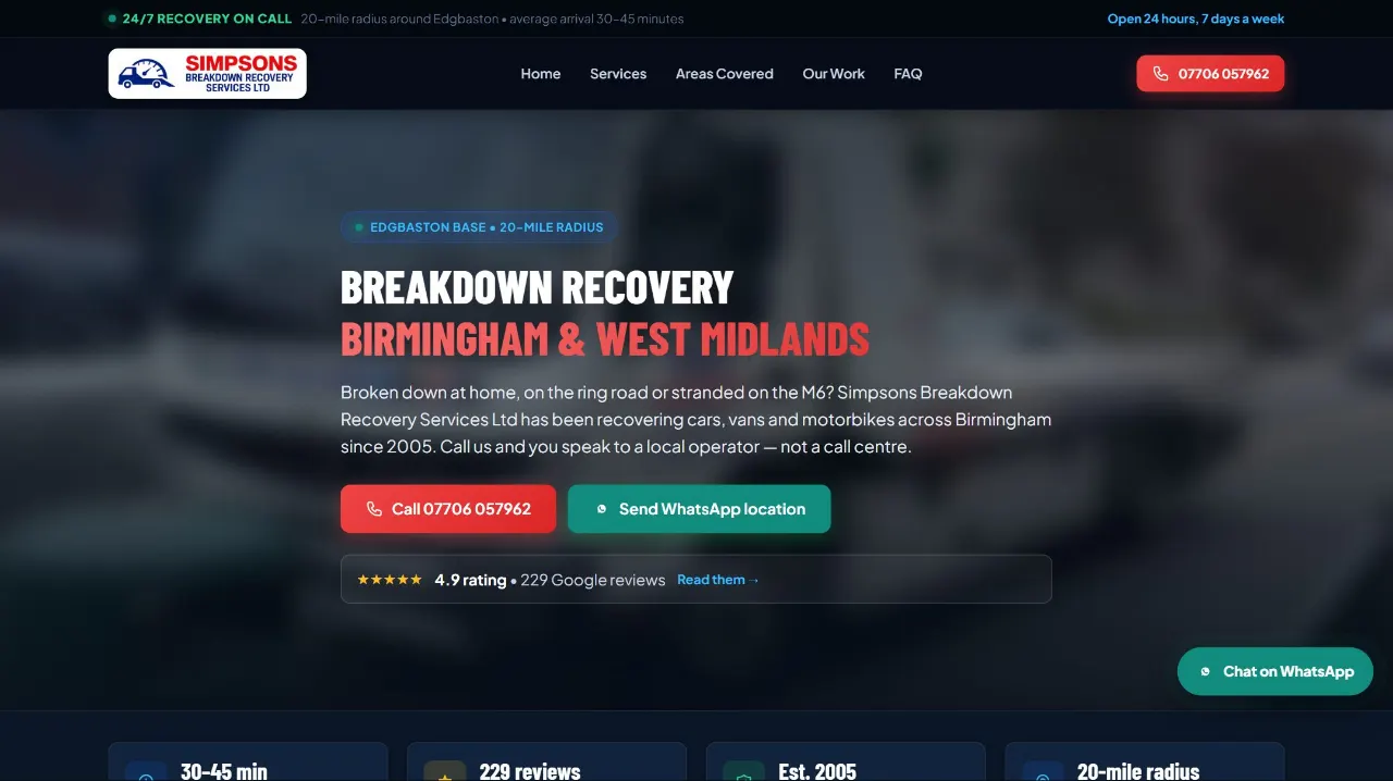 Simpsons Breakdown Recovery website for a 24/7 recovery firm in Edgbaston, Birmingham
