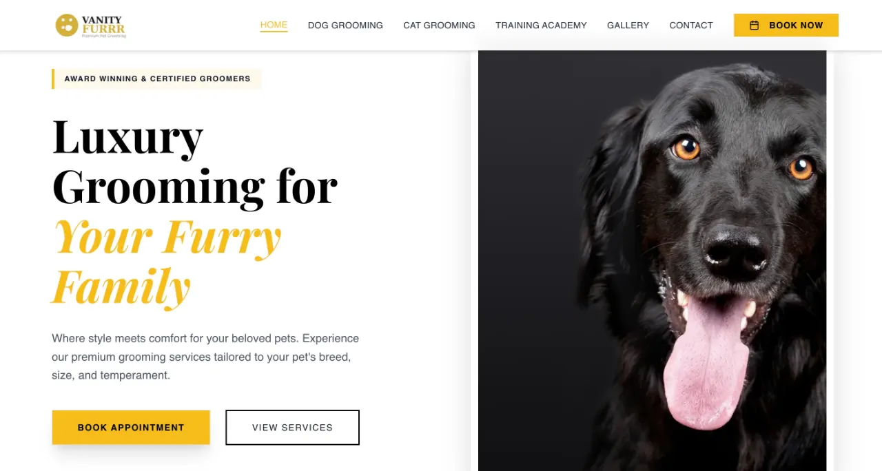 Vanity Furrr booking website for a Birmingham pet-grooming salon